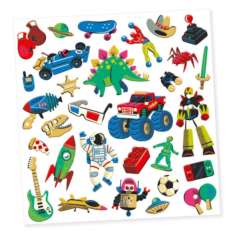 Djeco Klistermärken Retro Toys Tredimensionella Rymden Bilar Dinosaurier