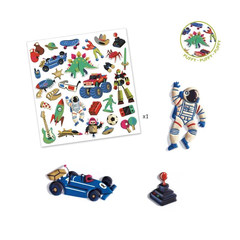 Djeco Klistermärken Retro Toys Tredimensionella Rymden Bilar Dinosaurier