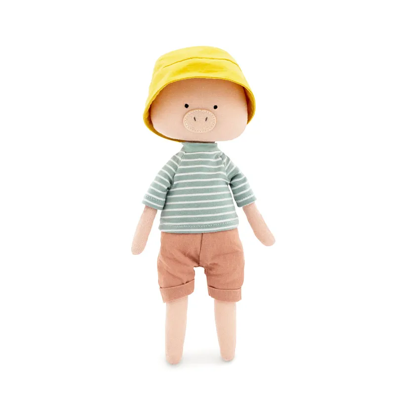 Mjuk Docka Gris Pojke med Kläder - Nicky the Pig Cotti Motti Mjukisdjur Gris med Randig Tröja och Gul Hatt