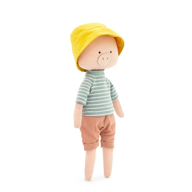 Mjuk Docka Gris Pojke med Kläder - Nicky the Pig Cotti Motti Mjukisdjur Gris med Randig Tröja och Gul Hatt