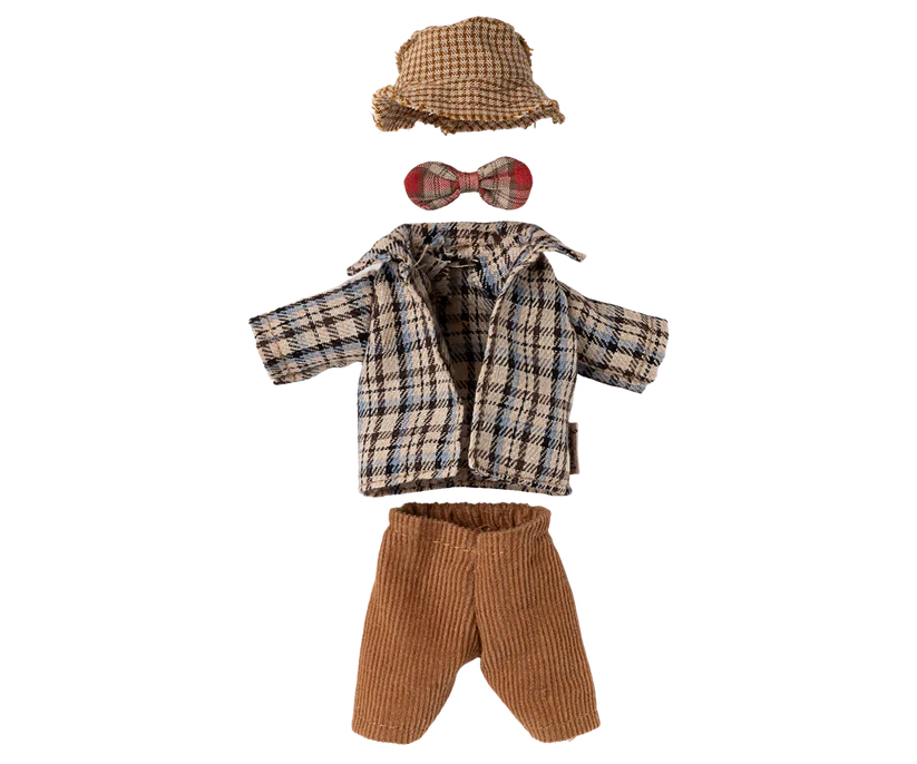 Maileg Kläder till Morfar Mus - Byxor, Rutig Jacka, Hatt & Fluga - Maileg A/W -25