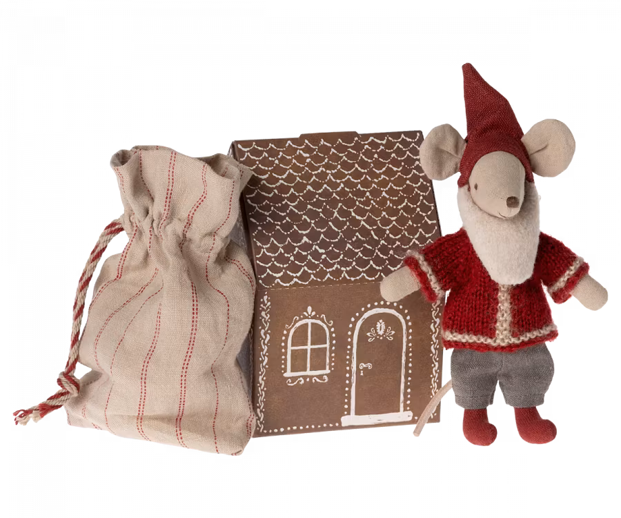 Maileg Tomtemus med Säck och Litet Pepparkakshus - Santa Mouse Big Brother