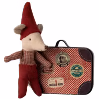 Maileg Tomte Mus Baby i Resväska med Stickad Filt