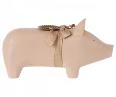 Maileg Gris Ljusstake i Trä Medium - Rosa med Glittrande Rosett Runt Magen