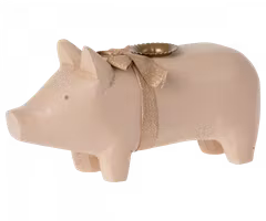 Maileg Gris Ljusstake i Trä Medium - Rosa med Glittrande Rosett Runt Magen