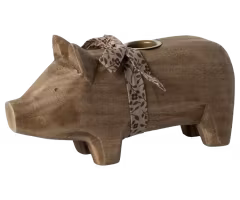 Maileg Gris Ljusstake i Trä Medium - Natur med Röd Rosett Runt Magen