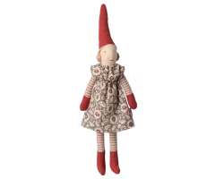 Maileg Pixy Tomte med Magneter Storlek 1 Flicka med Grå Blommig Klänning och Luva