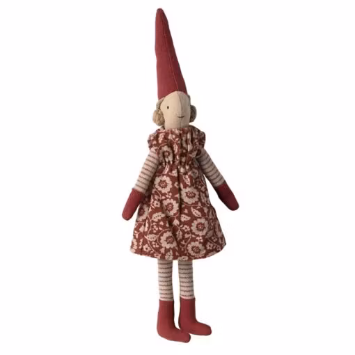 Maileg Pixy Tomte med Magneter Storlek 2 Flicka med Röd Blommig Klänning och Luva