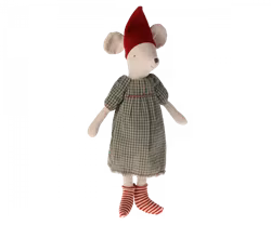 Maileg Julmus Medium Flicka med Grönrutig Klänning och Röd Luva
