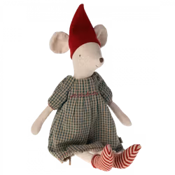 Maileg Julmus Medium Flicka med Grönrutig Klänning och Röd Luva