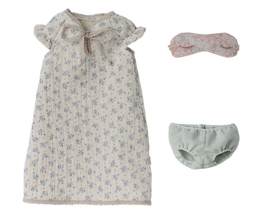 Maileg Nattlinne till Maxi Mus - Blommigt Blått med Sovmask