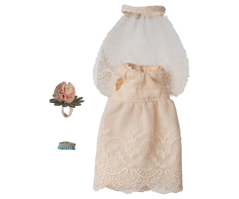 Maileg Kläder till Mamma Mus - Brudklänning med Slöja och Brudbukett - Maileg S/S-26