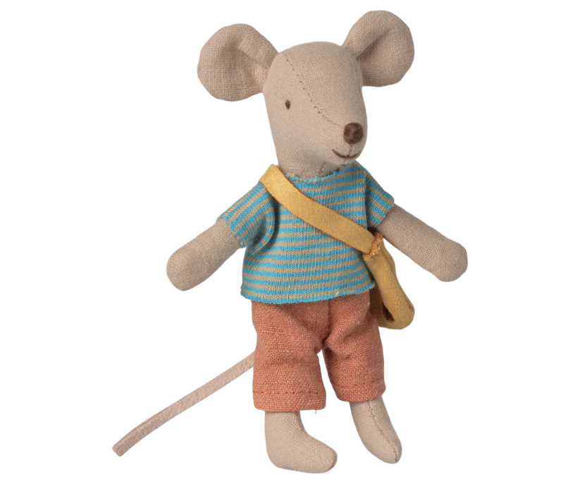 Maileg Lillebror Mus med Magneter i Händerna - Blå Randig Tröja och Gul Väska - Maileg S/S-26