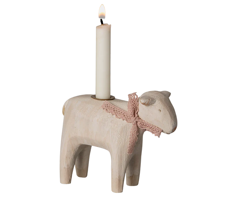 Maileg Handgjord Ljusstake i Trä Vitt Lamm med Rosett i Rosa Spets - Rose