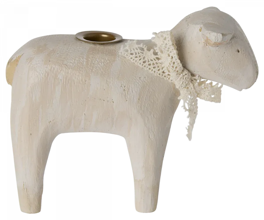 Maileg Handgjord Ljusstake i Trä Vitt Lamm med Rosett i Vit Spets - Off white