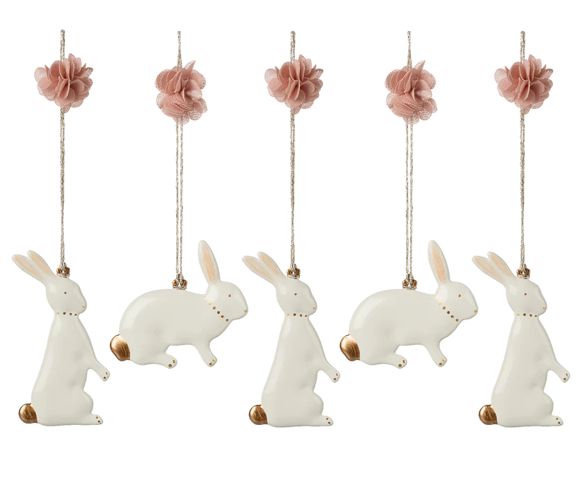 Maileg Hänge i Metall Kanin - Set om 5 - Vit med Rosa Blomma -Maileg S/S-26