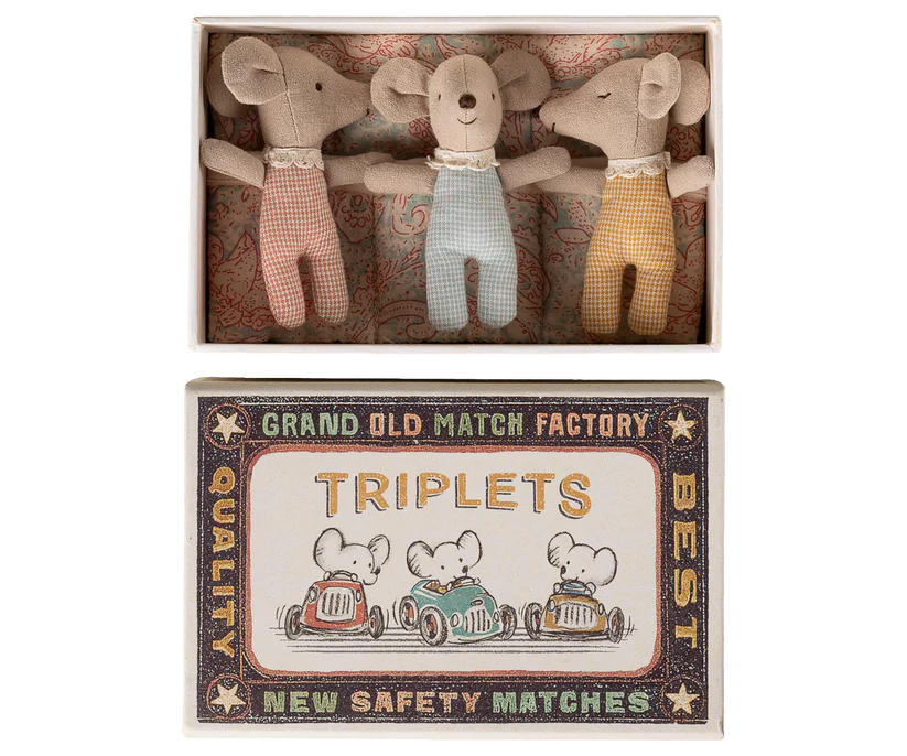 Maileg Trillingar Baby Möss i Bäddad Ask med Blommig Sovpåse - Rutiga Möss - Maileg S/S-26