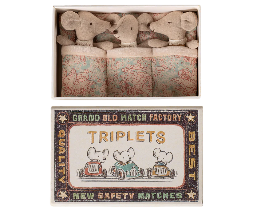 Maileg Trillingar Baby Möss i Bäddad Ask med Blommig Sovpåse - Rutiga Möss - Maileg S/S-26