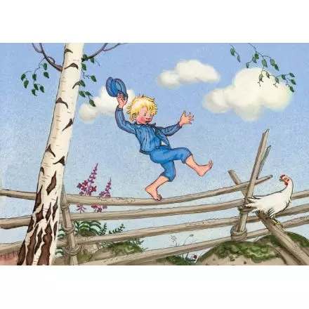 Vykort Emil i Lönnebera Balanserar på Gärdsgården - Astrid Lindgren