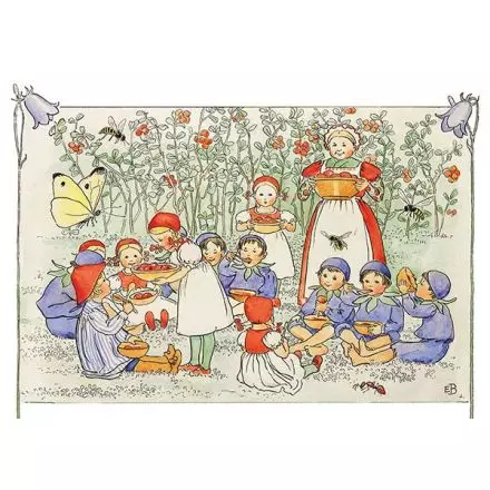 Vykort Elsa Beskow Lingonmors Kalas - Putte i Blåbärsskogen
