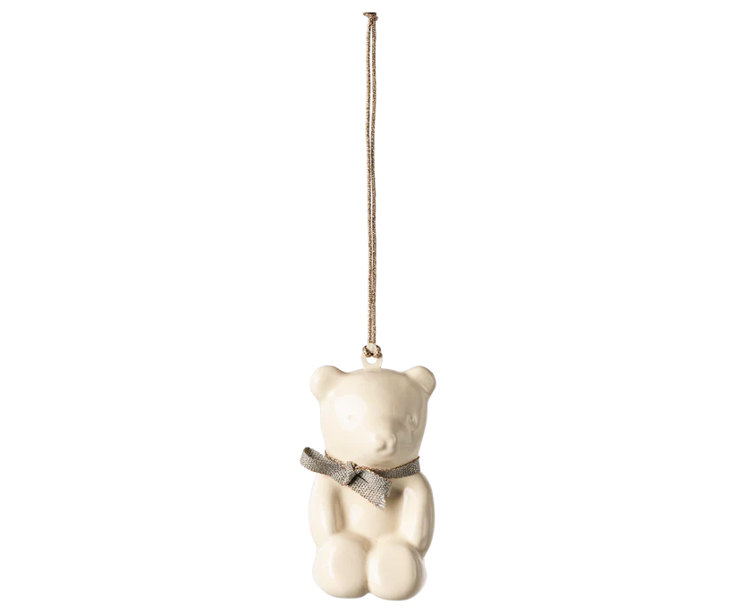 Maileg Hänge Vit Nalle med Blå Rosett - Metal Ornament Teddy Blue