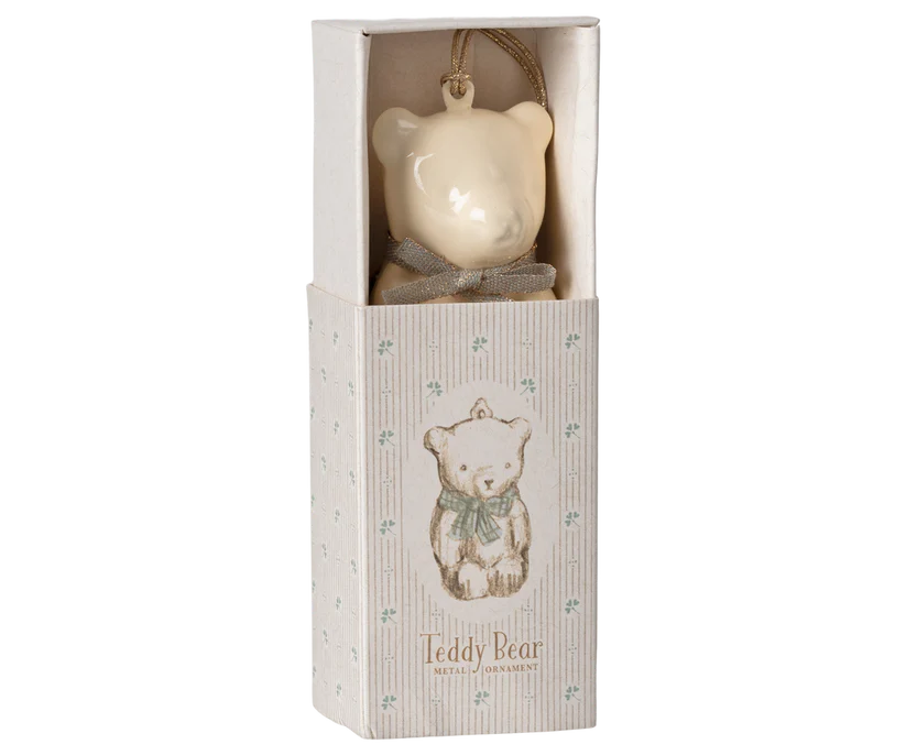 Maileg Hänge Vit Nalle med Blå Rosett - Metal Ornament Teddy Blue