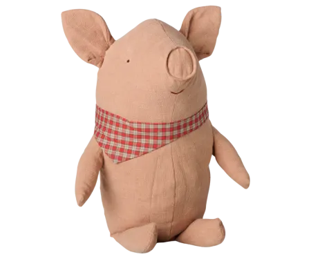 Maileg Stor Sittande Gris 50 cm Rosa med Röd Scarf - Tryffelgris Truffle Pig Powder - Maileg A/W -26