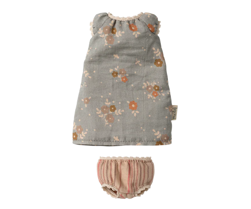 Maileg Kläder till Kanin Storlek 1 - Blå Blommig Klänning med Spetsdetaljer och Underbyxor