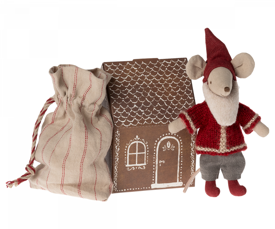Maileg Tomtemus i Pepparkakshus - Jultomte Mus med Vitt Skägg och Julklappssäck
