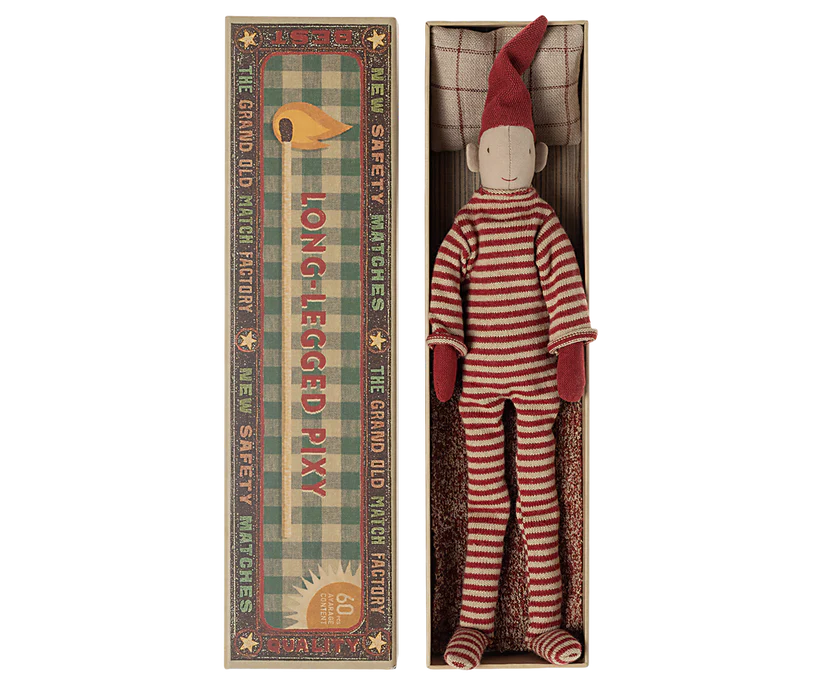 Maileg Pixy Tomtenisse i Ask med Långa Ben och Magneter i Händerna - Long Legged Randig Tomte Small