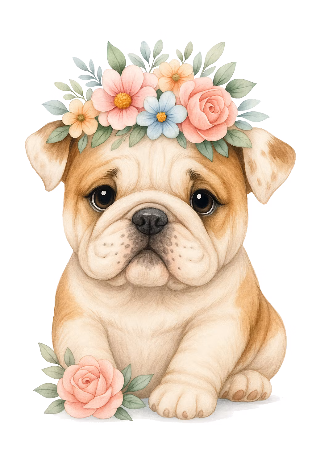 Engelsk bulldog med blommor till tyg