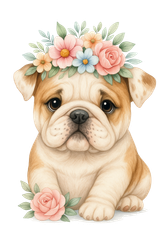 Engelsk bulldog med blommor till tyg