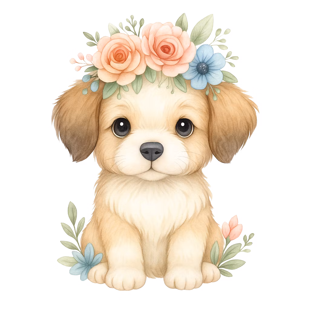 Hund med blommor till tyg