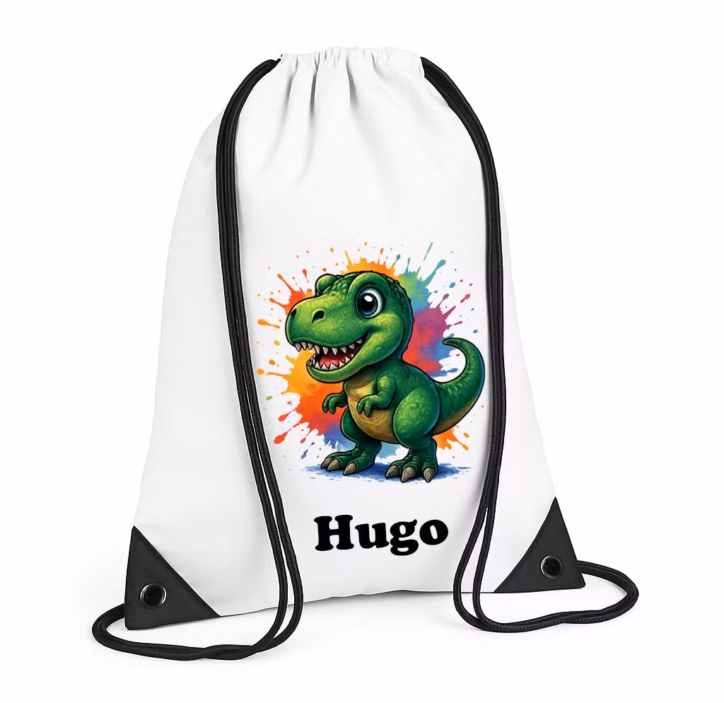Personlig gympapåse med färgglad dinosaurie och namn