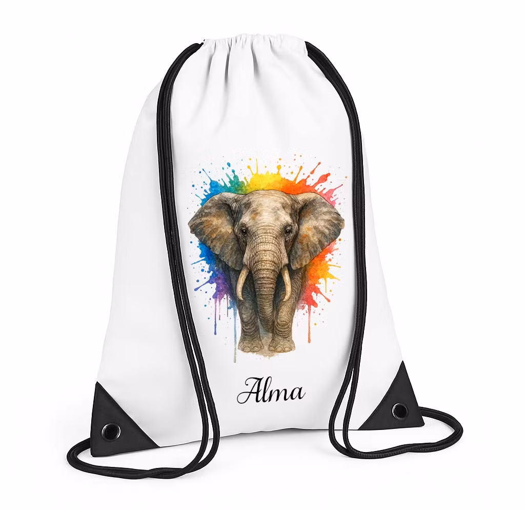 Personlig gympapåse med färgglad elefant och namn