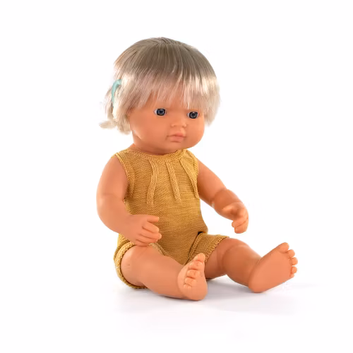 Baby doll caucasian girl with hearing aid and ochre rompers 38 cm