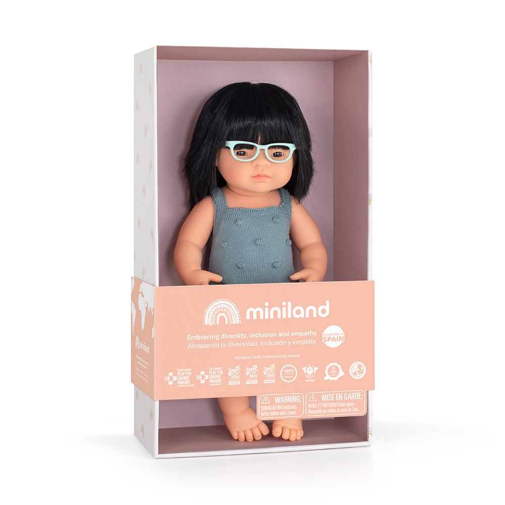 Baby doll asian girl with glasses and lead color rompers 38 cm