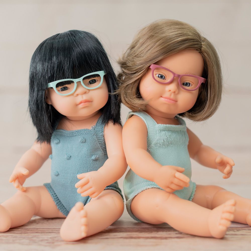 Baby doll asian girl with glasses and lead color rompers 38 cm