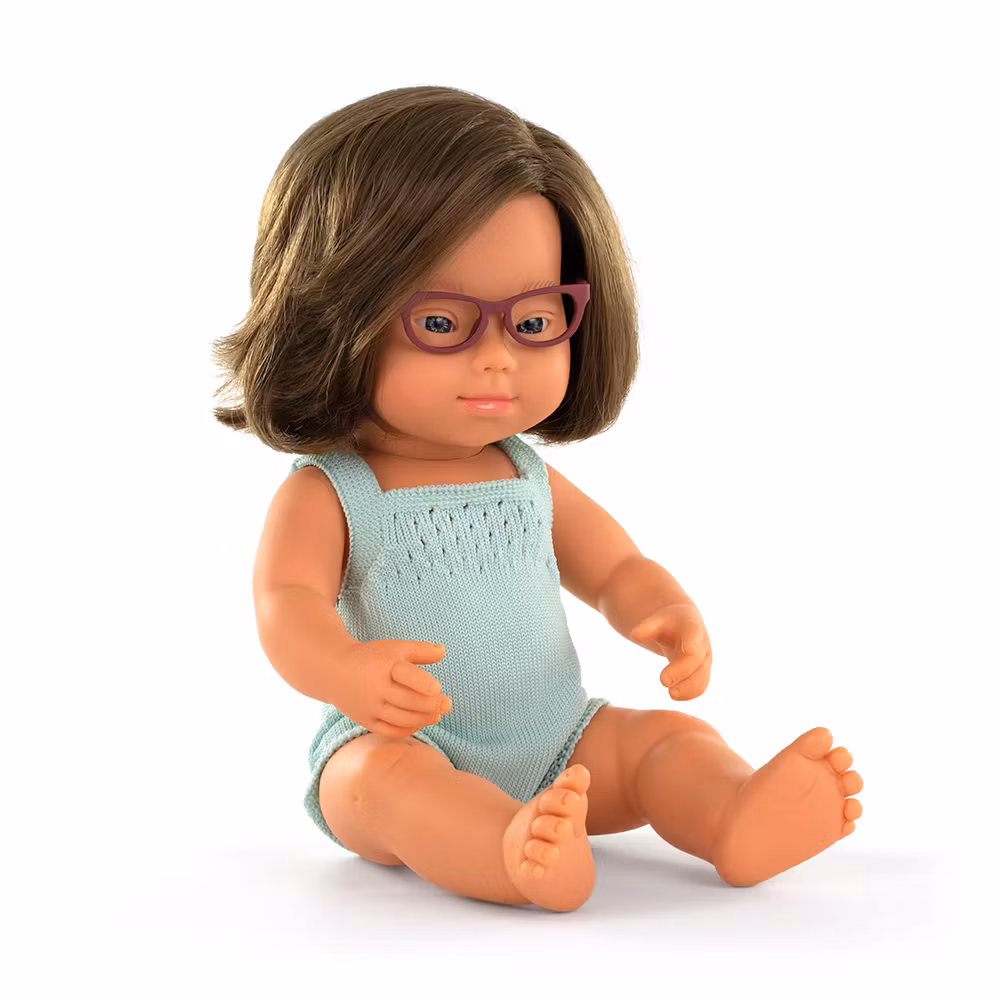 Baby doll caucasian girl with Down syndrome and glasses with turquoise rompers 38 cm