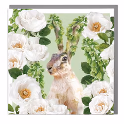Card Full Bloom Hare with White Garden Roses