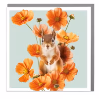 Card Full Bloom Red Squirrel and Cosmos
