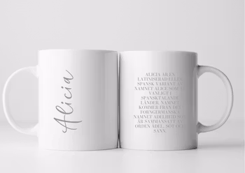 Personlig namn-mugg med handskrivet namn och namnbetydelse – stilren och meningsfull gåva