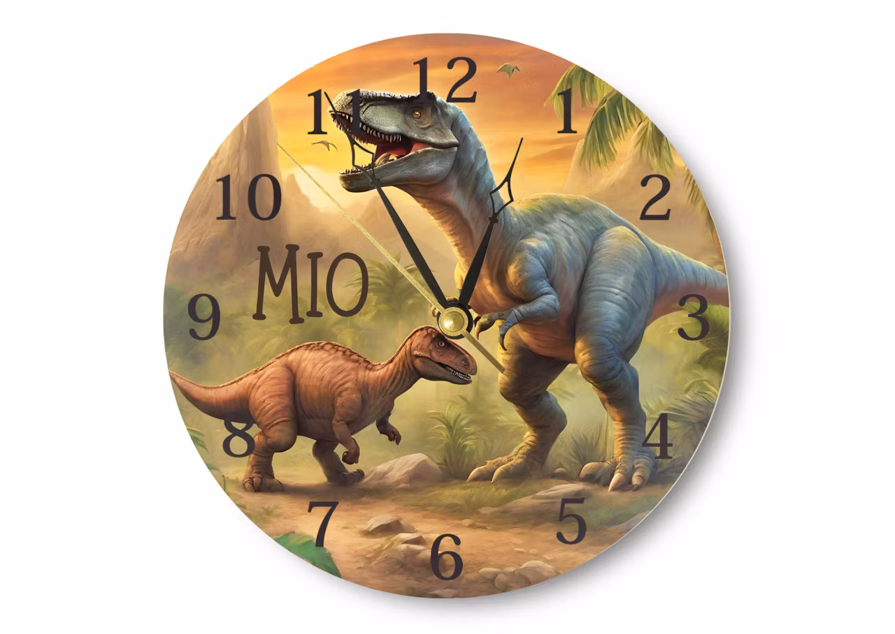 t-rex-mönstrad-väggklocka-för-barn-tystgående