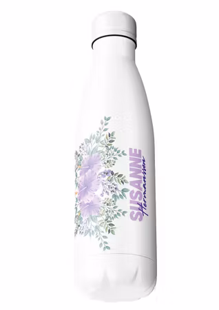 Lila Blommig - Resemugg med namn- Termos med namn