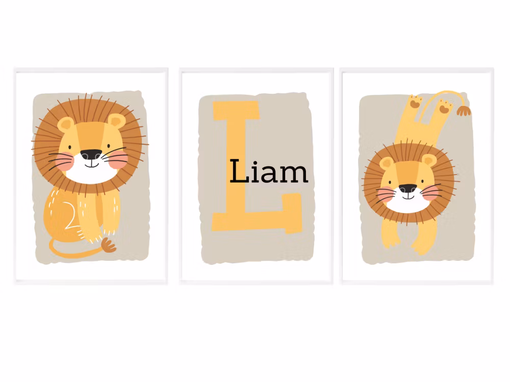 Personliga barntavlor med lejonmotiv – 3-delars set i A4 eller A3, med möjlighet till namn.