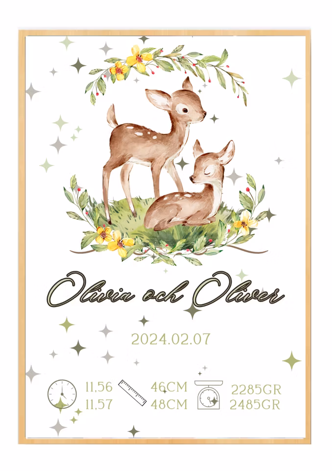 Vackra rådjur - mönstrad- Personlig födelsetavla - Doptavla