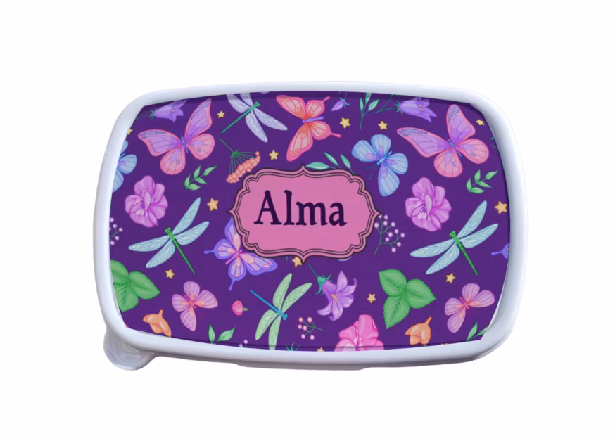 Fjäril - mönstrad - personlig - matlåda -med- namn