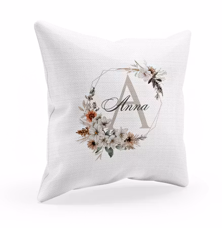 Kuddfodral med namn -Blomma och Initial
