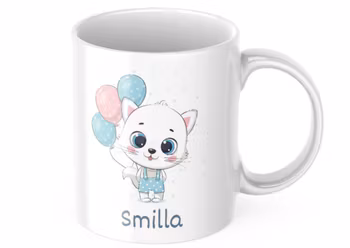 Katt med ballonger  - Barnmugg med namn , Personlig mugg för barn