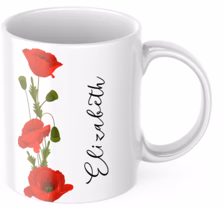 Personlig mugg med namn och röda vallmor – stilren blom-present